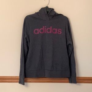 ADIDAS sweatshirt dark gray with purple lettering.